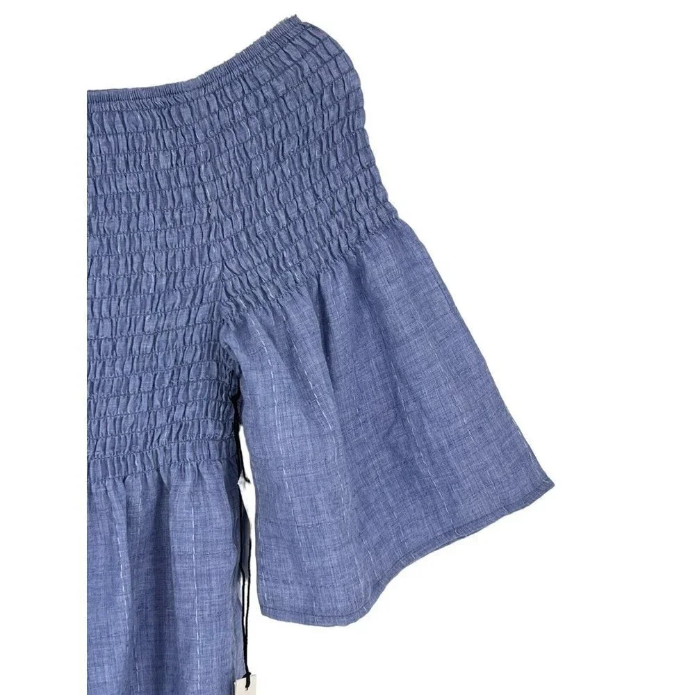 Liverpool Off The Shoulder Top Blue Chambray Smocked Short Sleeve Small Casual - Picture 8 of 16